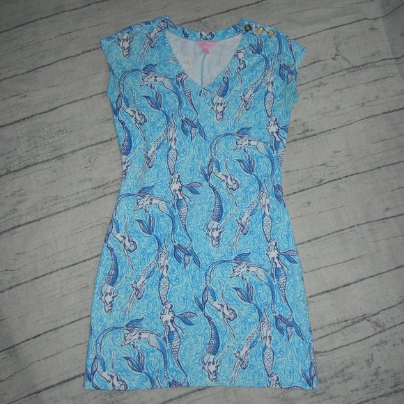 Lilly Pulitzer Hayley Dress Spa Blue in Nice tail mini Mermaids - Picture 1 of 2